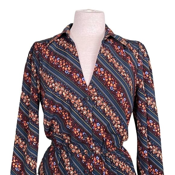 Modcloth Everything & More Jumpsuit Floral Stripe Wide Leg Retro 70's Teal Blue - Picture 6 of 10